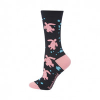 Black Ladies Bamboo Socks with Pink heel and toes with pink turtles and blue bubbles