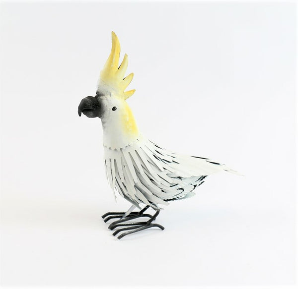 Beautiful small metal sulphuric crested cockatoo.  Dimensions: 28cm h x 25cm L x 7cm W