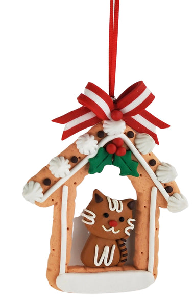 Cat in Gingerbread House Hanging Decoration.   Dimensions: H12.4cm x 10cm x 2 cm
