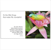 Little book of Feathered Friends - by Affirmation - Page reads - It’s the little things that make life wonderful. So come with me, where dreams are born, and time is never planned. Just think of happy things, and your heart will fly on wings, forever. J.M.. Barrie