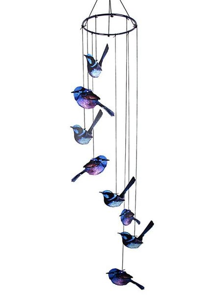 Beautiful Blue Wren wind chime, with 8 beautiful wrens attached in metal to create a beautiful outdoor chime. Approximately 40cm in length.