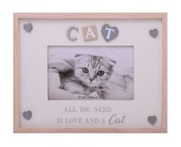 Cat - Beautiful wooden frame with hearts in each corner. Saying state all you need is love and a Dog/Cat.  Frame size 25 cm x 20 cm  takes photo size of 10cm x 15cm