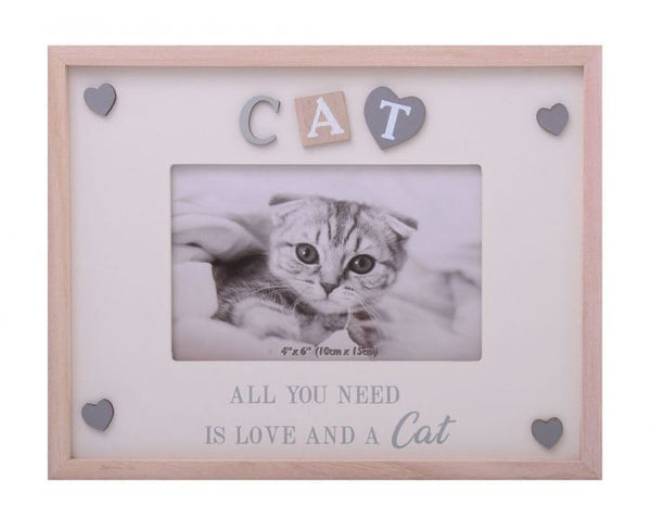 Cat - Beautiful wooden frame with hearts in each corner. Saying state all you need is love and a Dog/Cat.  Frame size 25 cm x 20 cm  takes photo size of 10cm x 15cm
