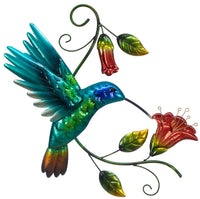 Lovely Hummingbird with flowers wall hanging with hanging point. Great quality piece which is painted front & back and then lacquered. This beautiful piece could be used indoor or outdoor for a perfect statement.  Size: 47 x 46 cm
