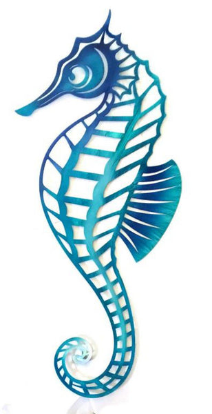 Beautiful blue coloured wall hanging Seahorse - laser cut and coloured.  Dimensions:  36cm x 2cm x 80cm 