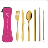 Hot pink cover - Gold Cutlery - Oco Stainless Steel Travel Cutlery Set (Set of 6) includes:  Neoprene Travel Pouch - 20.5 cm Knife - 18 cm Fork  - 17.5 cm Spoon - 17.5 cm Chopsticks - 18.5 cm Stainless Steel Straw - 18 cm Straw Cleaner - 19 cm