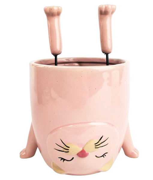 Cat Doing handstand ceramic planter. Legs are separately inserted into top of plant.  Dimensions: 12cm H x 16cm x 13cm