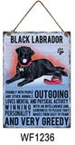 Black Labrador Metal Dog breed signs.  Lovely bright colours signs with each breeds personality traits listed below. Size is 20cm x 27cm each sign. 
