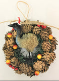 Emu - Fantastic Aussie Wreaths with Australian theme. Fantastic for a great Australian Christmas  - decorated with Pinecones and Australian Animals secured to wreath. 14cm Diameter.