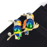 Beautiful colourful birds on a branch in blues, yellow greens and orange.