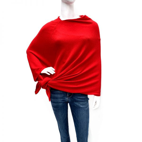 Red Multiway wearing poncho