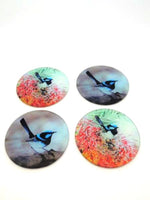 Fantastic Blue wren glass coasters with cushioned feet. Set of 6. Three of each design. Great for the Bird lovers or pet lover.