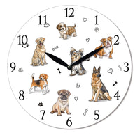 60cm Wall Clock picturing dogs - Labrador Shih Tzu, English Bulldog, Terrier, German Shepherd, Pug & Beagle.