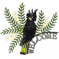 Beautiful Welcome Black Cockatoo with Banksia surrounds with hanger points. Good quality metal painted front and back.  Dimensions: 47 x 45cm