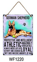 German Shepherd Metal Dog breed signs.  Lovely bright colours signs with each breeds personality traits listed below. Size is 20cm x 27cm each sign. 