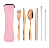 Pink cover - Rose gold cutlery - Oco Stainless Steel Travel Cutlery Set (Set of 6) includes:  Neoprene Travel Pouch - 20.5 cm Knife - 18 cm Fork  - 17.5 cm Spoon - 17.5 cm Chopsticks - 18.5 cm Stainless Steel Straw - 18 cm Straw Cleaner - 19 cm