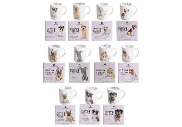Full range of Puppy Tales, all mugs made from Fine bone china, in a can shape. Each mug has a different saying on inside lip