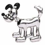 Enlarged look of the dog brooch - silver Dog with black ears , nose and Collar.