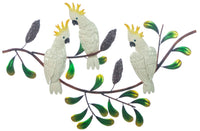 Beautiful Cockatoo Trio on a Banksia. A Unique Metal Wall hanging with hanger point, Great quality, painted front & back, lacquered  Dimesions: 43 x 66cm