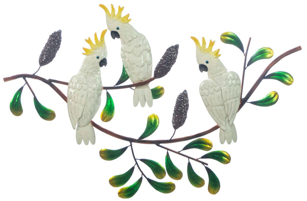 Beautiful Cockatoo Trio on a Banksia. A Unique Metal Wall hanging with hanger point, Great quality, painted front & back, lacquered  Dimesions: 43 x 66cm