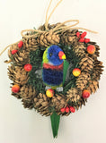 Rainbow Lorikeet - Fantastic Aussie Wreaths with Australian theme. Fantastic for a great Australian Christmas  - decorated with Pinecones and Australian Animals secured to wreath. 14cm Diameter.