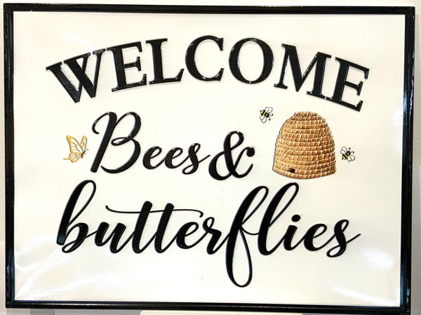 Beautiful Black and White sign with yellow butterfly with yellow bee hive and bees. 60cm x 45 cm