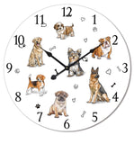 28.8cm Wall Clock picturing dogs - Labrador Shih Tzu, English Bulldog, Terrier, German Shepherd, Pug & Beagle.