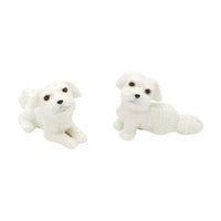 Ceramic Bob the dog set. Each set has 1 dog sitting and 1 laying down.   Available in 1 white set or a black and white set  Dimension: laying 8cm x 4.5cm x 4cm                       Sitting 7cm x 5 x 3.5 cm White set