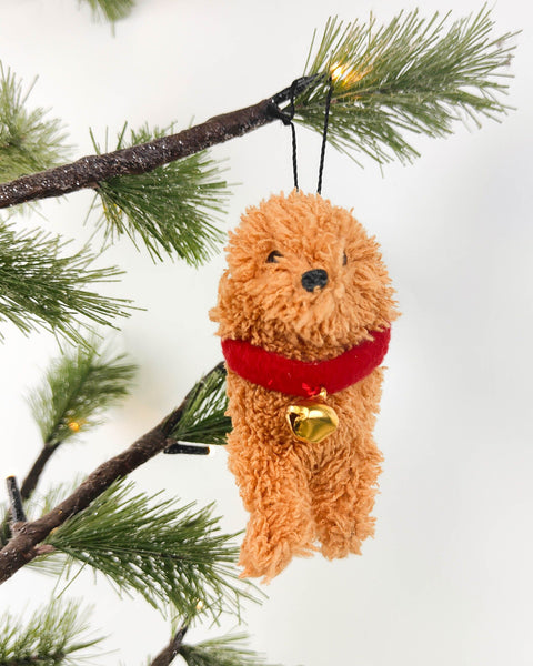 Beautifully Created Dog with Bell in brown - Hanging Christmas decoration.  Dimension: 10cm x 11cm x 5cm
