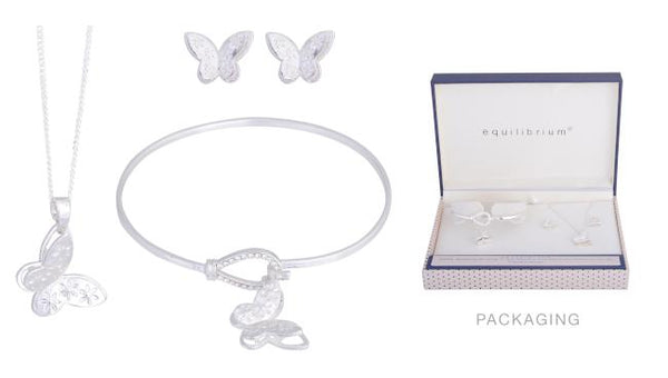 Butterfly 3 piece jewellery set - necklace ,earrings and bracelet in silver plate.