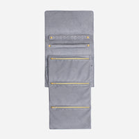 Open Luxe Velvet Jewellery Wrap in Stor, Colour with 3 pockets and ring and earring holders