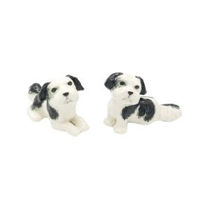 Ceramic Bob the dog set. Each set has 1 dog sitting and 1 laying down.   Available in 1 white set or a black and white set  Dimension: laying 8cm x 4.5cm x 4cm                       Sitting 7cm x 5 x 3.5 cm Black and White set