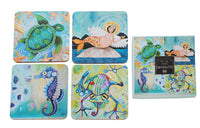 Water Dwellers set of 4 coasters, cork backed & lacquer- coated board coasters.