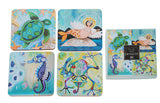 Water Dwellers set of 4 coasters, cork backed & lacquer- coated board coasters.