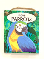 Pet Pegs - I love Parrots - Blues mauves and yellow and green - magnet or hanging note clip
