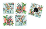 Bird Flower set of 4 coasters, cork backed & lacquer- coated board coasters.