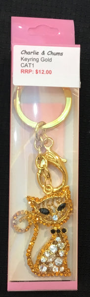 Gold Cat diamanté keyring