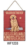 Golden Retriever Metal Dog breed signs.  Lovely bright colours signs with each breeds personality traits listed below. Size is 20cm x 27cm each sign. 