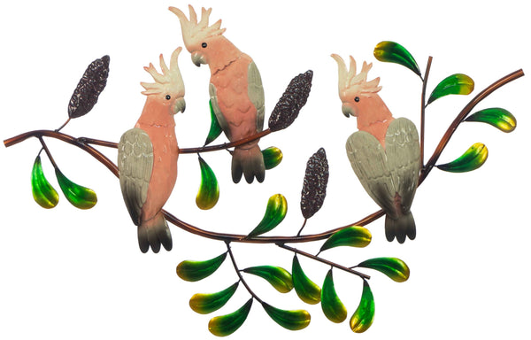Beautiful Galah Trio on a Banksia. A Unique Metal Wall hanging with hanger point, Great quality, painted front & back, lacquered  Dimensions: 43 x 66cm