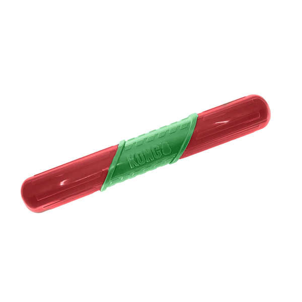 KONG Christmas Corestrength Tattelx Stick DOG Toy Red and green textured surface helps clean teeth between holiday treats.
