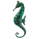 Beautiful  Lone seahorse in greens and ocean tones. Great quality product that is  painted front & back and lacquered to longevity. Each seahorses is a metal wall hanging with hanging points perfect for indoors & covered outdoor areas.  Dimensions: large 19cm x 53cm
