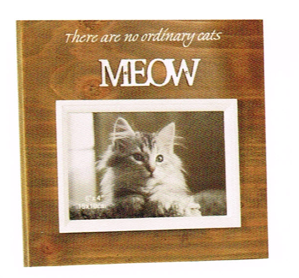 Wood Framed photo frame for Cats- Saying There are no ordinary Cats MEOW. White frame around photo area - 10cm x 15cm