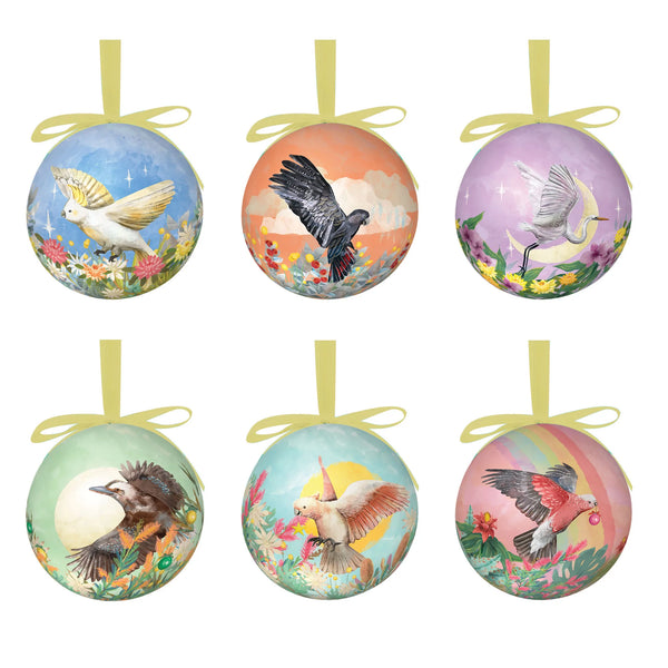 Christmas Bauble Set - Mother Nature - Add some Australian magic to your Christmas tree with our Mother Nature baubles. Showcasing six unique illustrations complete with a silk ribbon in a illustrated gift box.