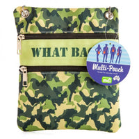 Camo - Multi pouch - multiple greens Camouflage colours. Writing states: What Bag?  