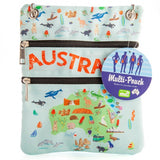 Multi Pouch Bag - Australia - with a map of Australia and printed animals.. in Pale blue