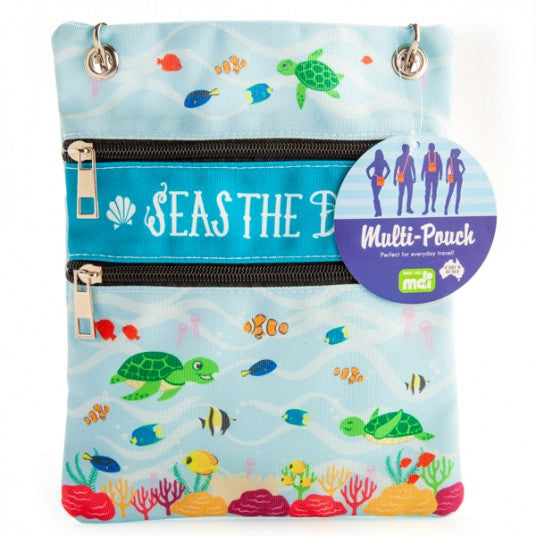 Multi Pouch bag - Seas the day, with animals in the ocean printed on it in light blues.