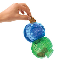 KONG Lock it Large, two spheres lock together for fun dog play, you can also add treats within the spheres. Colours of blue and green