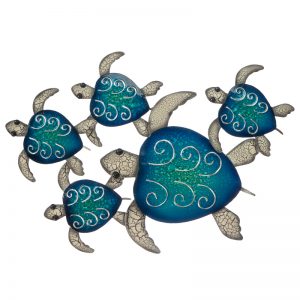 Beautiful  tranquil Turtles in beautiful luminescent of blues.  Each items comes with hanging points and is painted front and back, and also lacquered for protection.  Dimension: 60cm x 50cm