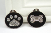 Pet Tag - 25mm Black  Round disc with Rhineston Paw print or Bone